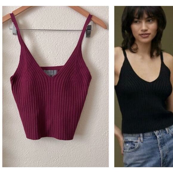 Anthropologie Ribbed Burgundy Knit Crop Top Women's Medium V-Neck Minimalist - Picture 1 of 9